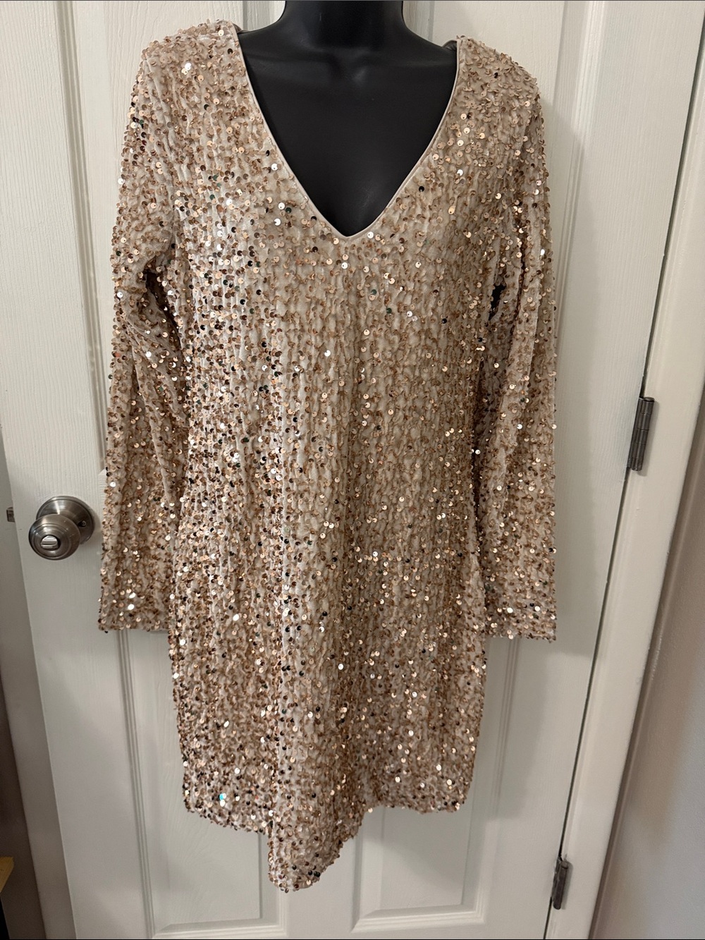 Long Sleeve Sequin V-Neck Dress in Light Champagne